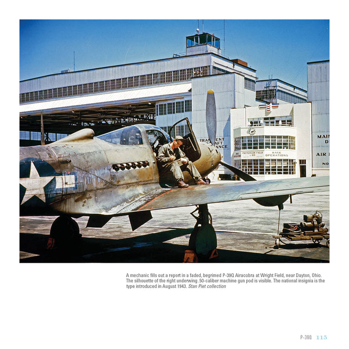 A mechanic sits on the wing of a weathered P-39 Airacobra on the tarmac at Wright Field, Ohio—an iconic scene featured in Schiffer Publishing, Ltd.'s aviation collection.