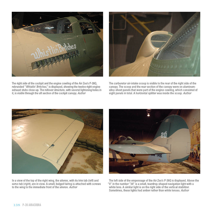 Four detailed photos of a restored green P-39 Airacobra from Schiffer Publishing, Ltd. show cockpit features, “Whistlin’ Britches” nose art, air intake, wing aileron, and tail number 746 from Legends of Warfare.