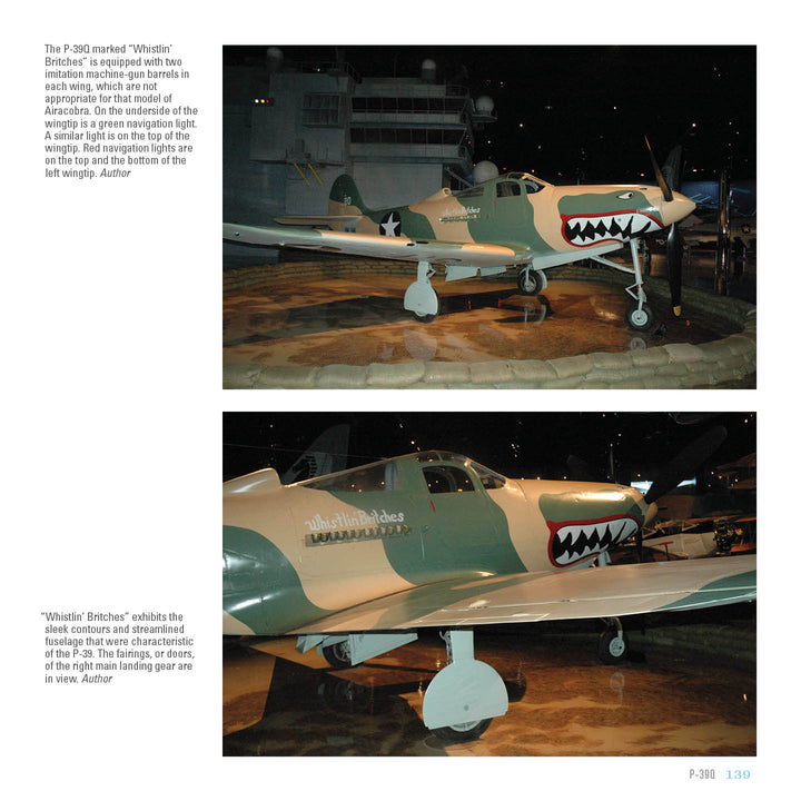 Two photos showcase the P-39 Airacobra at a museum, featuring its shark mouth nose art, olive green and blue paint, and Legends of Warfare panels from Schiffer Publishing, Ltd., all dramatically lit indoors.