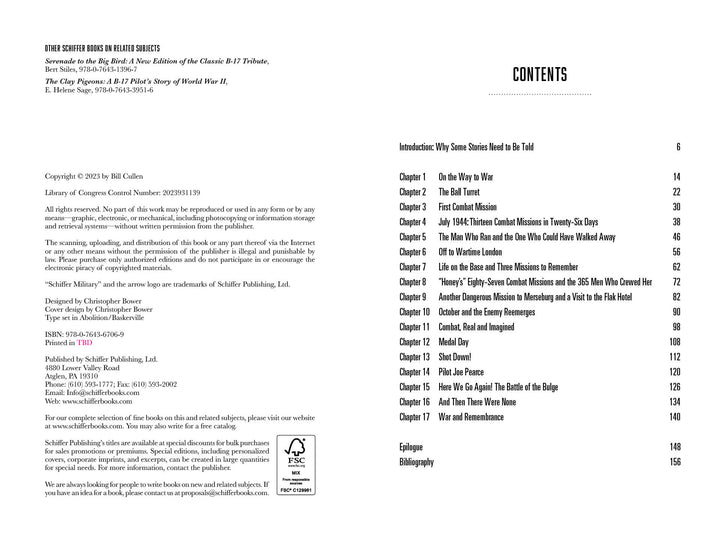 The image shows two pages from "Flying Fortress Gunner" by Schiffer Publishing, Ltd.: the left with copyright and publication info; the right with a table of contents listing WWII B-17 ball turret gunner missions in the 8th Air Force.
