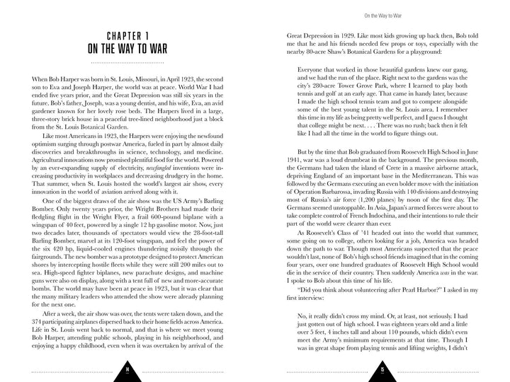 A black-and-white book page from "Flying Fortress Gunner" by Schiffer Publishing, Ltd. titled CHAPTER 1: ON THE WAY TO WAR shows two text columns about a B-17 ball turret gunner’s early life in Missouri before WWII combat with the 8th Air Force.