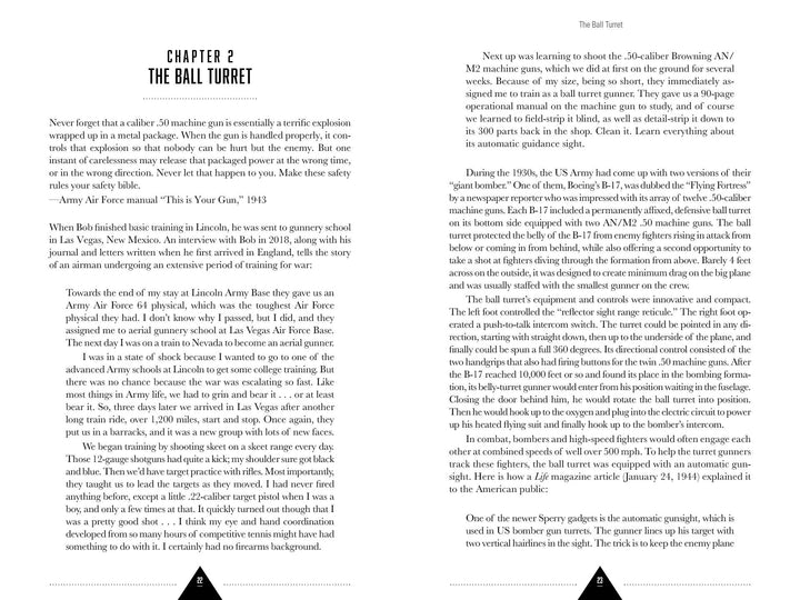An open book shows Chapter 2: The Ball Turret from "Flying Fortress Gunner" by Schiffer Publishing, Ltd. Left page: early Air Force memories and wartime dangers; right page: B-17 ball turret gunners’ role and military training. Black serif text on white.