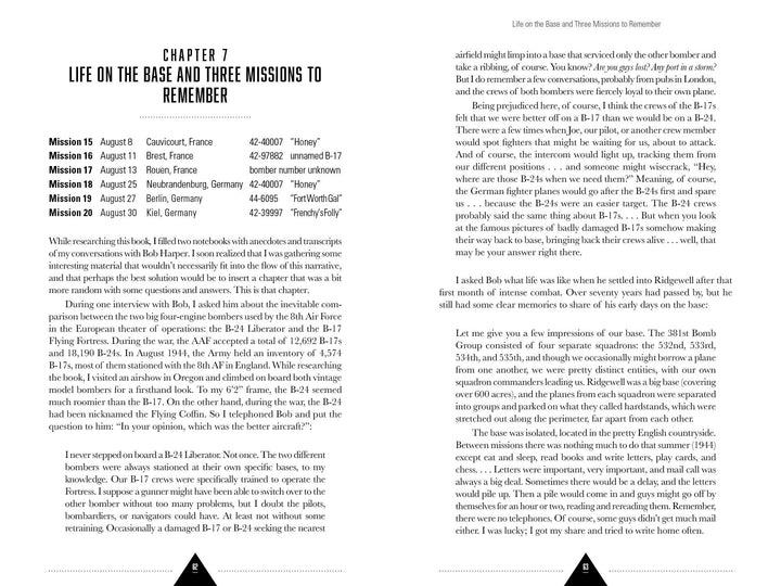 A black-and-white image from "Flying Fortress Gunner" by Schiffer Publishing, Ltd. shows Chapter 7, "Life on the Base and Three Missions to Remember," featuring WWII B-17 ball turret gunner missions with text and mission lists.
