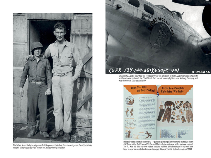 A young boy in a helmet and uniform stands by a man in a flight jacket. On the right is a WWII B-17 “Fort Worth Gal.” Below, see a vintage ad for warm flight clothing from "Flying Fortress Gunner" by Schiffer Publishing, Ltd.