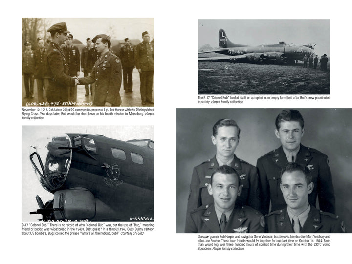 A collage from "Flying Fortress Gunner" by Schiffer Publishing, Ltd. shows WWII-era 8th Air Force airmen receiving medals, a portrait of four crew members, and B-17 bomber scenes with captions for each photo.