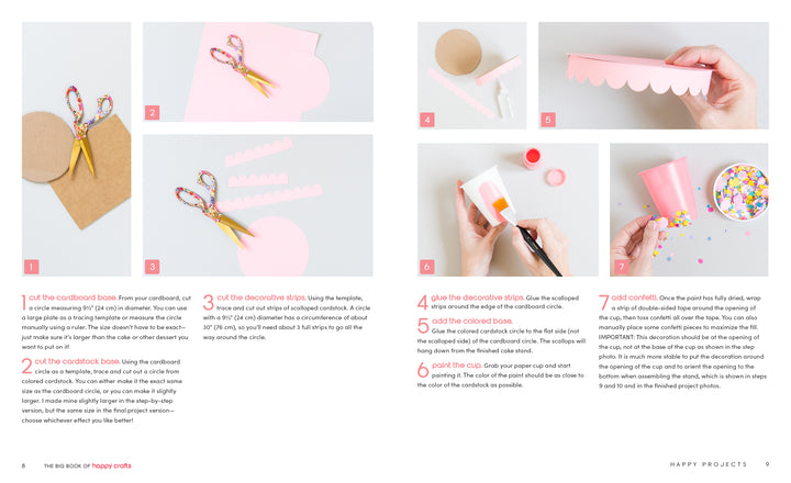 The Big Book of Happy Crafts by Schiffer Publishing, Ltd. features a step-by-step visual tutorial for making a heart-shaped cardboard box with scalloped edges and confetti, showing materials, cutting, assembly, painting, and decoration.