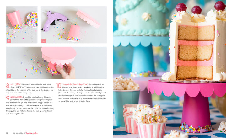 Find step-by-step images and instructions for making a pink scalloped cake stand in *The Big Book of Happy Crafts* by Schiffer Publishing, Ltd.—a fun DIY papercraft project that adds a pop to your home decor or craft tutorials collection.