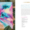 A vibrant abstract painting sits on a wooden shelf by plants. On the right, text details "Find Your Flow" by Schiffer Publishing, Ltd., an alcohol ink cloudscape guide with materials list, color key, and fluid art techniques.