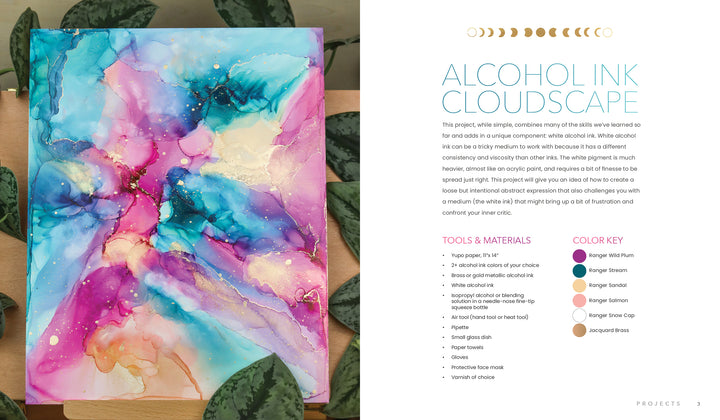 A vibrant abstract painting sits on a wooden shelf by plants. On the right, text details "Find Your Flow" by Schiffer Publishing, Ltd., an alcohol ink cloudscape guide with materials list, color key, and fluid art techniques.