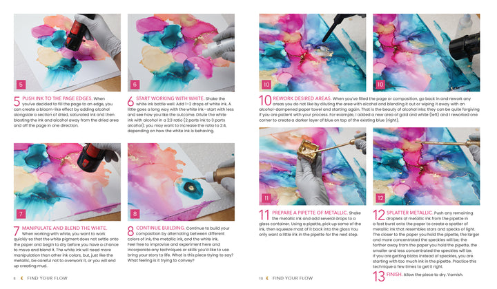 Create stunning abstract art with alcohol inks in pink, blue, and gold on white paper using tools like brushes and pipettes by following step-by-step instructions in "Find Your Flow" from Schiffer Publishing, Ltd.