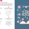The Art of Playful Lettering by Schiffer Publishing, Ltd. includes an instructional page guiding beginners step-by-step to create a "The End" swashy flourish design, finished with a colorful illustration of butterflies, flowers, and an open book.