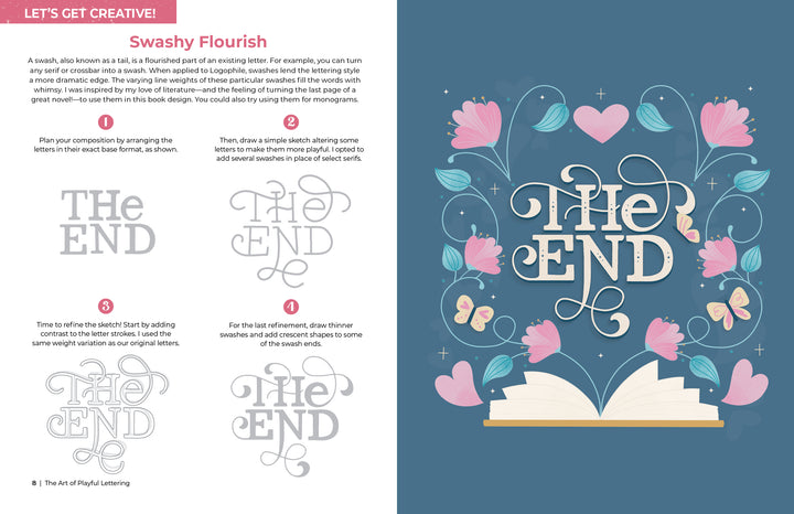 The Art of Playful Lettering by Schiffer Publishing, Ltd. includes an instructional page guiding beginners step-by-step to create a "The End" swashy flourish design, finished with a colorful illustration of butterflies, flowers, and an open book.