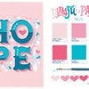 The Art of Playful Lettering by Schiffer Publishing, Ltd. showcases beginner hand lettering of "HOPE" in blue with heart accents on pink, alongside six fun paint swatches labeled Palette No. 5 and a paintbrush.