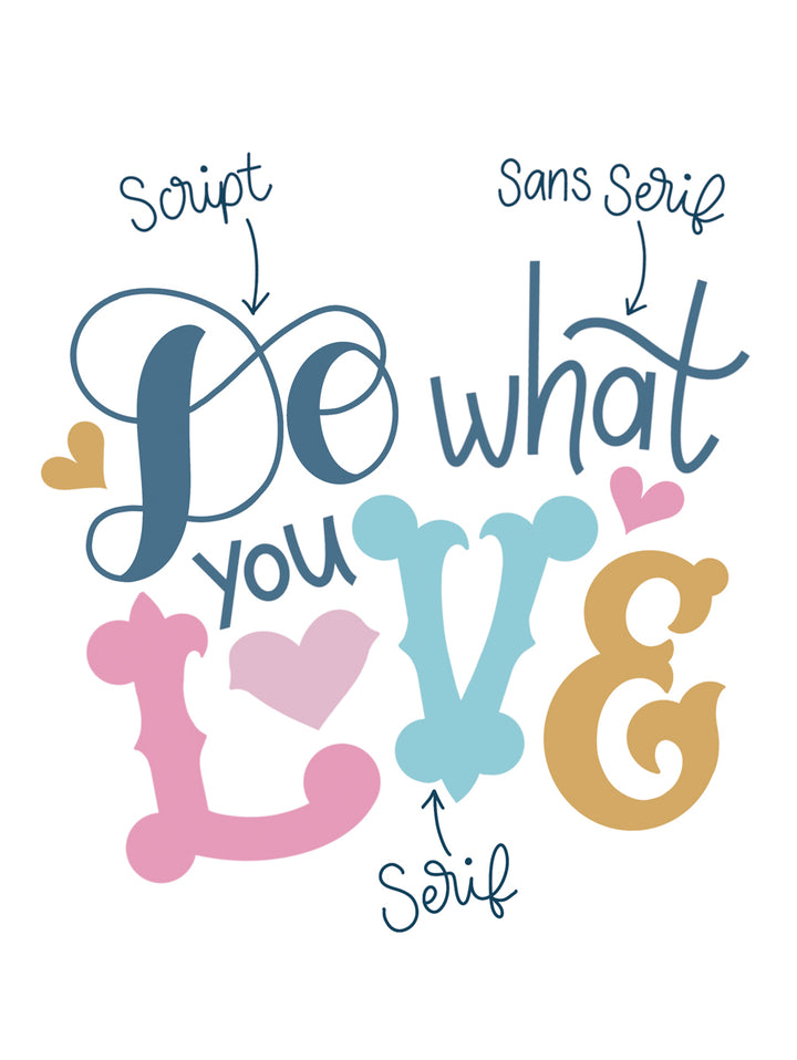 The Art of Playful Lettering by Schiffer Publishing, Ltd. features colorful text art reading Do what you love in various fonts—Do in script, what you in sans serif, LVE in serif, and O as an ampersand—ideal for beginner lettering projects.