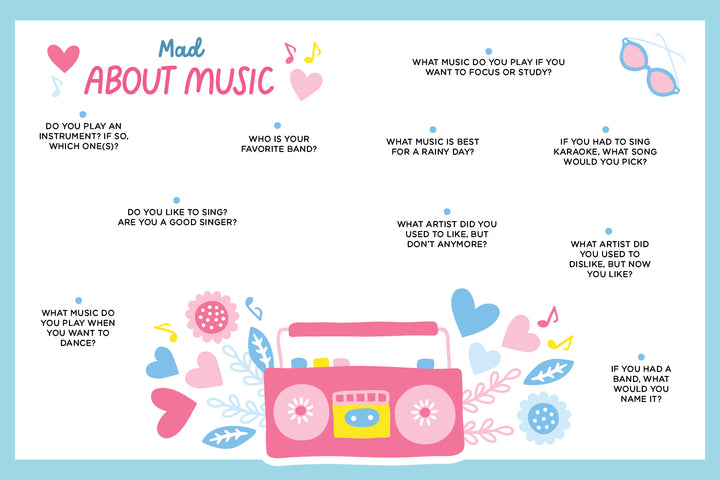 You Can Ask Me Anything by Schiffer Publishing, Ltd. is a pastel music-themed questionnaire for tweens and teens, featuring a pink radio, flowers, and fun questions about music, bands, and moods—a perfect shared journal page!.