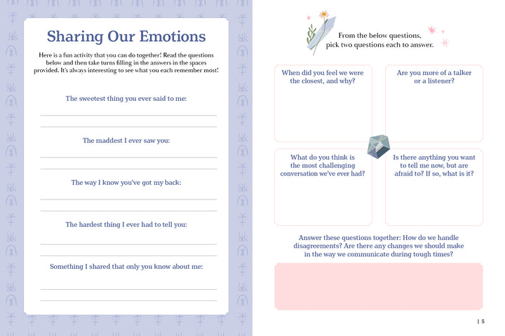 Shared Diary Society for Friends by Schiffer Publishing, Ltd. is a pastel activity sheet with prompts about sweetness, anger, knowledge, hardship, and talent—ideal for teen or friend co-journals. The right page offers colorful conversation questions.