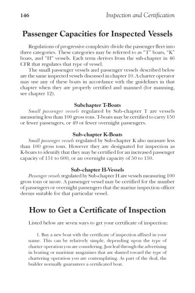 A page from "Making Money with Boats, 2nd Edition" by Schiffer Publishing, Ltd. explains passenger capacities for inspected vessels and how to obtain a Certificate of Inspection—vital info for boating business startups.