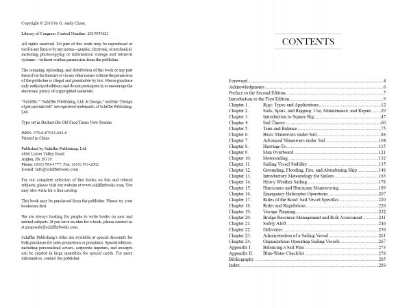 A two-page book spread from "Auxiliary Sail Vessel Operations, 2nd Edition" by Schiffer Publishing, Ltd.: the left page has copyright and publishing details; the right page lists chapters on sailboat rigging and vessel operations with page numbers.
