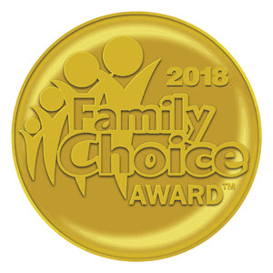 Gold medal featuring stylized family figures, reminiscent of a teen book style. Text "2018 Family Choice Award™" embossed on front. Awarded to Mega Awesome Notebook by Schiffer Publishing, Ltd.