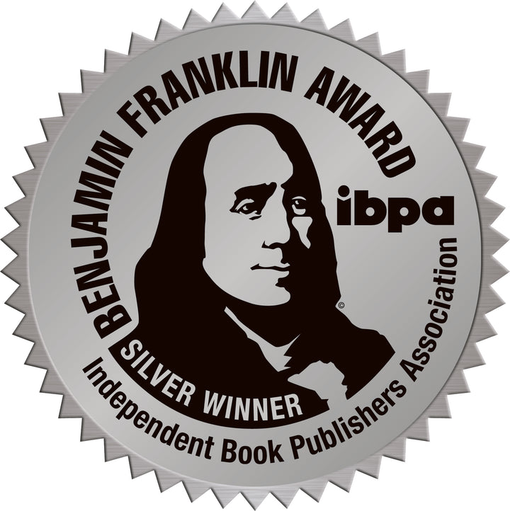 A silver seal with Benjamin Franklin, the text BENJAMIN FRANKLIN AWARD SILVER WINNER, ibpa logo, and Independent Book Publishers Association—ideal for "Sacred Actions" by Schiffer Publishing, Ltd., on sustainable living or Earth-based spirituality.
