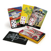 La Santa Muerte Lenormand by Schiffer Publishing, Ltd. is a vibrant card set inspired by divination, featuring unique art like open books (6♠), a flowering plant (K♥), La Santa Muerte as joker, plus deck and card with white symbol.