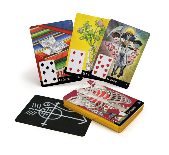 La Santa Muerte Lenormand by Schiffer Publishing, Ltd. is a vibrant card set inspired by divination, featuring unique art like open books (6♠), a flowering plant (K♥), La Santa Muerte as joker, plus deck and card with white symbol.