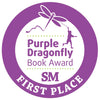 A purple circular badge with a dragonfly and a child holding a string, displaying: Purple Dragonfly Book Award SM FIRST PLACE—honoring "A Poem Is a Firefly" by Schiffer Publishing, Ltd. for excellence in children's poetry.