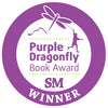 A purple circular badge on "My Big Birthday Party" by Schiffer Publishing, Ltd. shows a dragonfly and a person holding its tail. Text: Purple Dragonfly Book Award SM WINNER with green dots—perfect for vocabulary building.