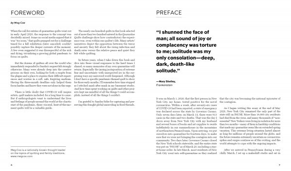 A book spread from Quarantine Quilts by Schiffer Publishing, Ltd. shows the Foreword on the left and the Preface on the right, which features a large Mary Shelley quote about quarantine creations and solitude explored by quilt artists.