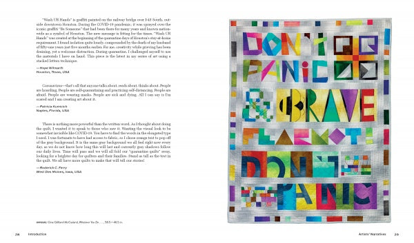 A two-page spread in Quarantine Quilts by Schiffer Publishing, Ltd. displays text on the left and a vibrant quilt on the right with the words “DON’T PANIC & BE BRAVE, FLATTEN THE CURVE, DON’T PANIC,” highlighting contemporary quarantine creations.