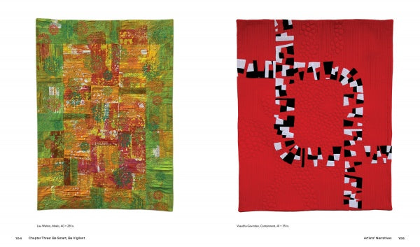 Two vibrant quilts from "Quarantine Quilts" by Schiffer Publishing, Ltd. are displayed: the left with green, yellow, and orange rectangles, the right mostly red with a striking abstract geometric pattern in black, white, and gray.