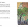 Featured in "Quarantine Quilts" by Schiffer Publishing, Ltd., a painting of Central Park depicts people and trees before city buildings—including “Essex House”—with descriptive text on the left, inspiring contemporary quilt artists.