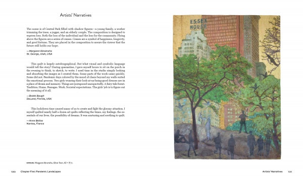 Featured in "Quarantine Quilts" by Schiffer Publishing, Ltd., a painting of Central Park depicts people and trees before city buildings—including “Essex House”—with descriptive text on the left, inspiring contemporary quilt artists.