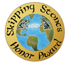Gold circular badge with "Skipping Stones Honor Award" circles an Earth illustration. Two children, symbolizing elementary education and nature, sit opposite each other on the globe. Product: Awesome Chesapeake by Schiffer Publishing, Ltd.