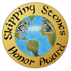 Gold circular badge with "Skipping Stones Honor Award" circles an Earth illustration. Two children, symbolizing elementary education and nature, sit opposite each other on the globe. Product: Awesome Chesapeake by Schiffer Publishing, Ltd.
