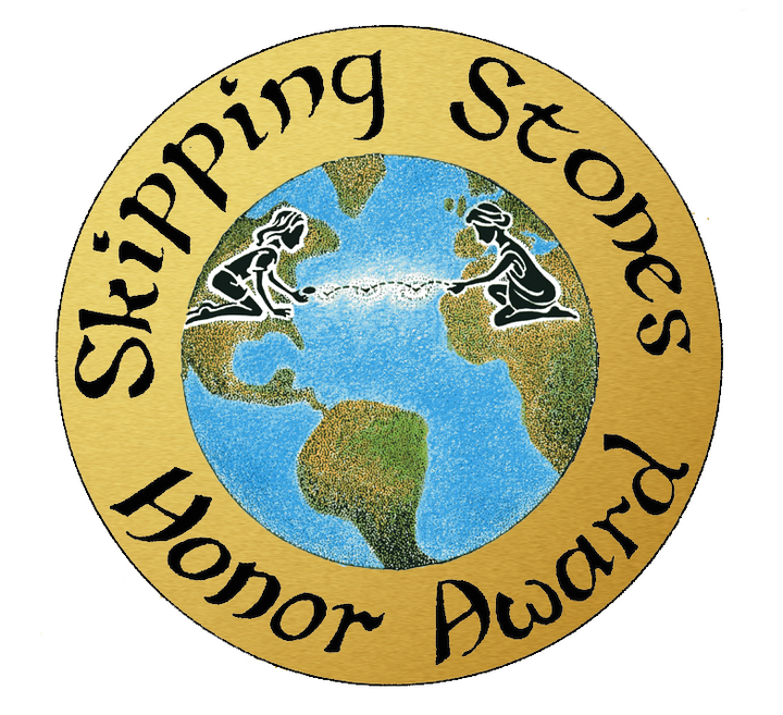 Gold circular badge with "Skipping Stones Honor Award" circles an Earth illustration. Two children, symbolizing elementary education and nature, sit opposite each other on the globe. Product: Awesome Chesapeake by Schiffer Publishing, Ltd.