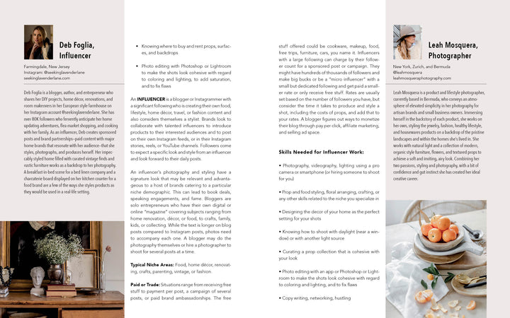 The Styling Beyond Instagram brochure by Schiffer Publishing, Ltd. showcases influencer Deb Foglia and stylist Leah Mosquera with headshots, bios, job descriptions, skills needed, and styled interior and food photos in neutral tones.