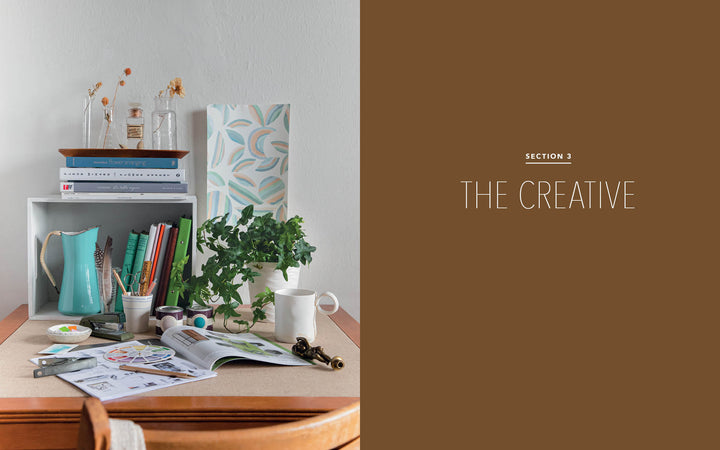A tidy desk with art supplies, books, plants, and a teal pitcher sits beside an open copy of "Styling Beyond Instagram" by Schiffer Publishing, Ltd. To the right, a brown panel reads Section 3: The Creative in white text.