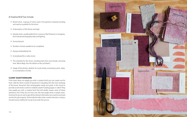 A flat lay of mauve and pink swatches, textured papers, ribbon, scissors, and branded cards on light wood—styled professionally with tips from "Styling Beyond Instagram" by Schiffer Publishing, Ltd. for creative brief inspiration.