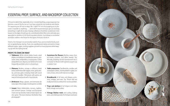 A flat lay of white and neutral-toned plates, bowls, and textured props arranged on gray—perfect inspiration for prop styling in "Styling Beyond Instagram" by Schiffer Publishing, Ltd.